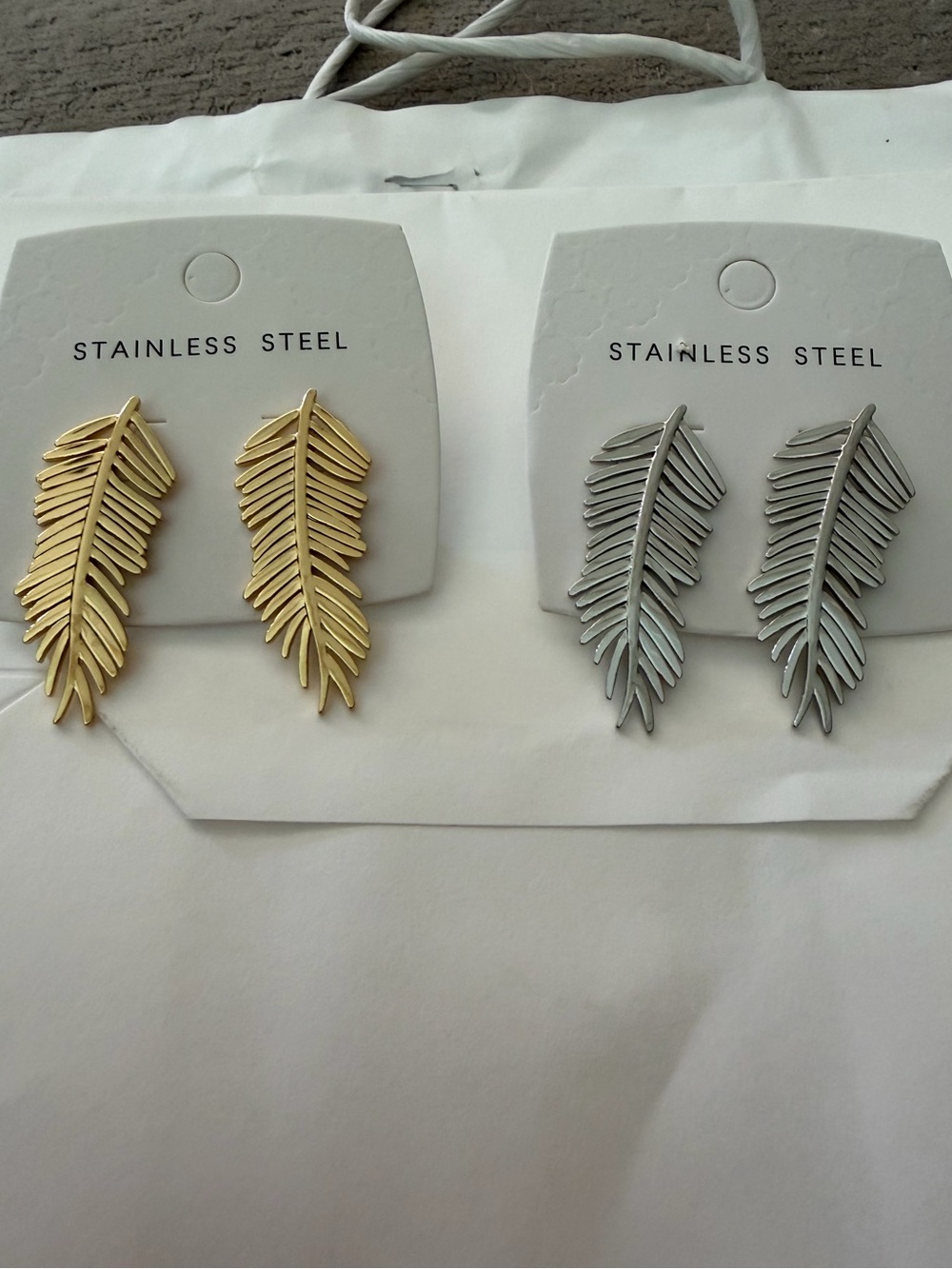 Set of Stainless Steel Feather Drop Earrings - Gold and Silver Tones,(both pairs